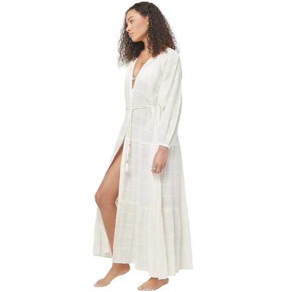 L*Space Button Up Duster Maxi Dress Semi-Sheer Beach Cover Up in Cream Plaid - Picture 2 of 7